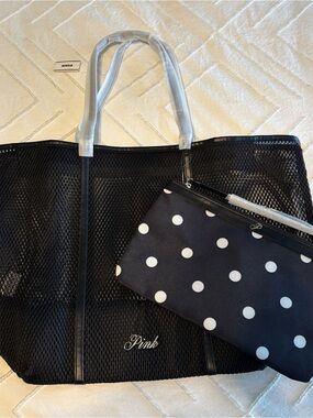 PINK Victoria's Secret Black Mesh Tote with Black & White Polka Dot Pouch